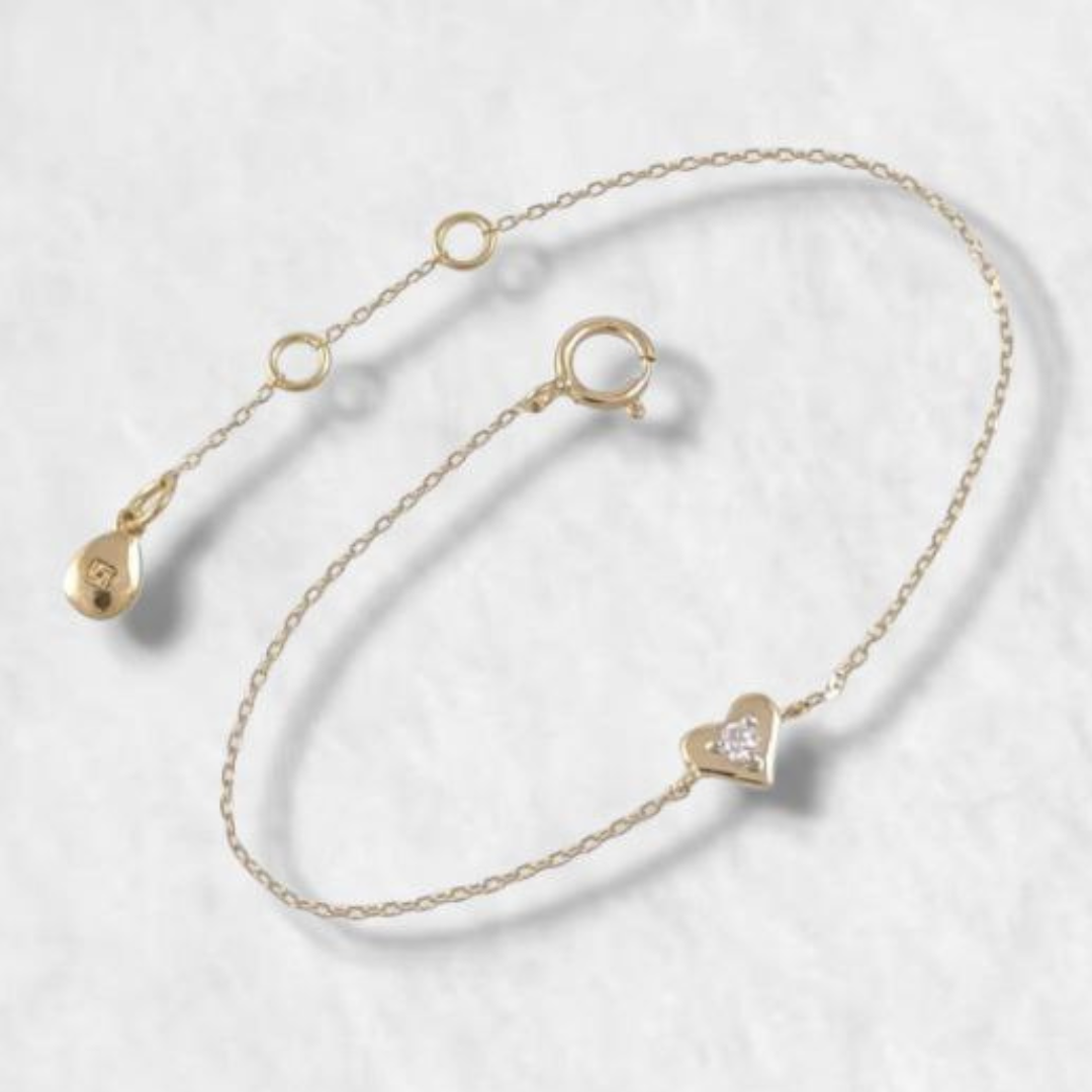 FOTOS-WEB-69 Brazalete (13.5 cm) con Corazón Mini y Diamante (0.03 Ct) para Niñas - Oro Amarillo 18 Kts - Image 1
