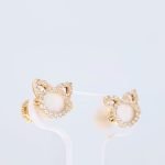 Zarcillos (7 x 8 mm) Gato c/ Madre Perla & Zircones (Screwback/Abridores) - Oro Amarillo 14Kts