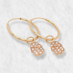 Argollas (14 mm) c/ Mano Hamsa & Zircones - Oro Amarillo 14Kts