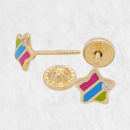 Zarcillos (5 x 5 mm) Estrellas c/ Esmalte & Zircon - Oro Amarillo 18Kts