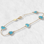 Brazalete (16 cm) c/ 5 Corazones Turquesas - Oro Amarillo 14Kts