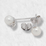 Zarcillos (5 mm) Perla & Diamante - Oro Blanco 14Kts
