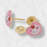 Zarcillos (6 x 6 mm) Corazon c/ Hello Kitty (Screwback/Abridores) - Oro Amarillo 14Kts