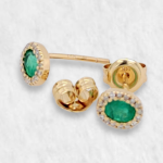 Zarcillos (5 x 6 mm) Esmeraldas Ovaladas c/ Halo Diamante - Oro Amarillo 14Kts
