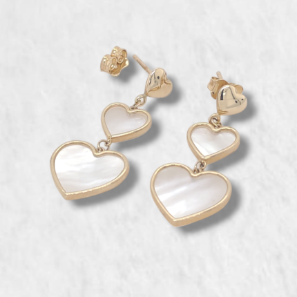 Zarcillos Largos (29 mm) c/ 1 Corazon Solido & 2 Corazones MOP - Oro Amarillo 14Kts