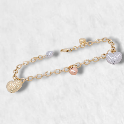 Brazalete (17.5 cm) Rolo c/ Corazones Diamantados - Oro Amarillo 14Kts