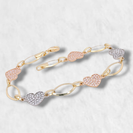 Brazalete (18 cm) Corazones c/ Zircones Pave - Oro Tres Tonos 14Kts