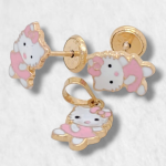 Set (6 x 9 mm) Dije & Zarcillos Helly Kitty c/ Esmalte - Oro Amarillo 14Kts