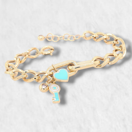 Brazalete (16 + 3 cm) US Link c/ Corazon & Llave c/ Esmalte - Oro Amarillo 14Kts