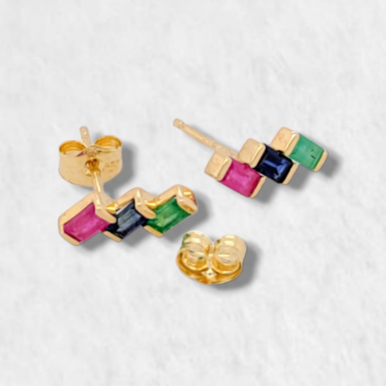 Zarcillos (10 x 4 mm) Esmeralda, Zafiro & Rubi Rectangulares - Oro Amarillo 18Kts