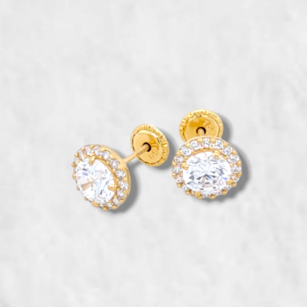 Zarcillos (7 mm) Zircon c/ Halo de Zircones - Oro Amarillo 18Kts