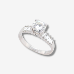 Anillo Compromiso 4 Prongs Corazones & Aro Baggete Diamante c/ Zircon Central - Oro Blanco 18Kts