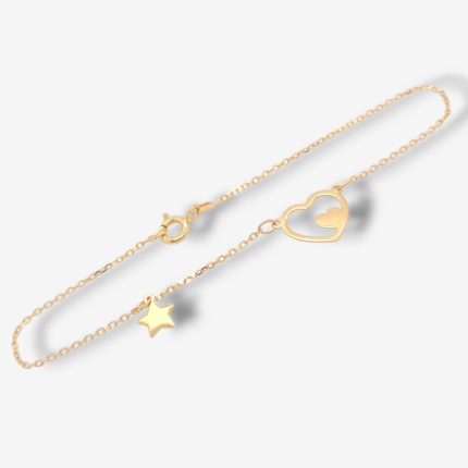 Brazalete (18 cm) Tejido Cable c/ Corazones & Estrellas - Oro Amarillo 14Kts