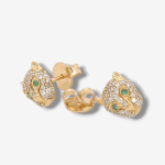 Zarcillos (7 x 8 mm) Pantera c/ Diamantes Pave & Esmeralda (Post) - Oro Amarillo 18Kts