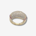 Anillo Domo Diamantes Pave c/ Dos Lineas de Rubies Carre - Oro Amarillo 18Kts