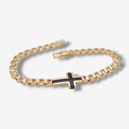 Brazalete (21 cm) Tejido Reloj c/ Cruz Esmaltada Negro- Oro Amarillo 18Kts