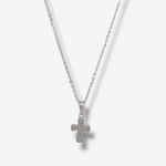 Cadena (40 + 5 cm) Cable Fina c/ Cruz Mini & Diamantes - Oro Blanco 14Kts