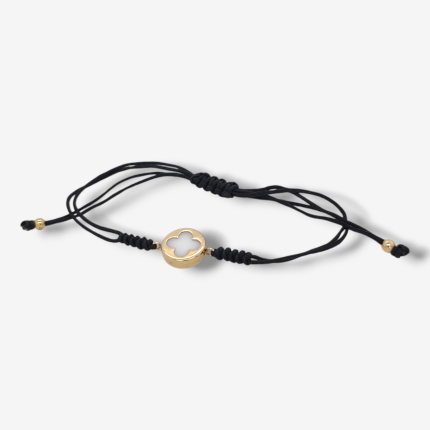 Brazalete Ajustable Hilo Chino Negro c/ Trebol Nacar (10.5 mm) - Oro Amarillo 14Kts