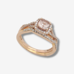 Set Anillos c/ Morganita Cushion & Diamantes Pave - Oro Rosado 14Kts