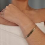 Brazalete (21 cm) Esclava c/ Placa ID & Esferas Diamantadas c/ 2 Corazones  - Oro Tres Tonos 14Kts - Image 2