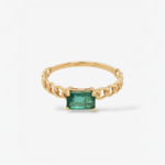 Anillo (3 mm) Esmeralda Rectangular (0.40 Ct) & Aro Tejido Cuban Link - Oro Amarillo 18Kts