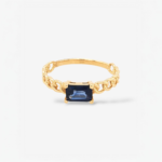 Anillo (3 mm) Zafiro Azul Rectangular (0.40 Ct) & Aro Tejido Cuban Link - Oro Amarillo 18Kts
