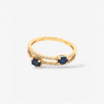 Anillo (0.30 Ct) Doble Tu & Yo c/ 2 Zafiros Azules Ovalados & Aros de Diamantes Pave (0.25 Ct) - Oro Amarillo 14Kts