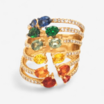Anillo (2.49 Ct) 6 Lineas c/ Diamantes Pave Terminales Zafiros de Colores (0.49 Ct) - Oro Amarillo 14Kts