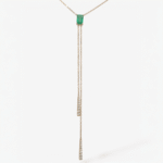 Cadena (45 cm) Lariat Tejido Cable c/ Esmeralda & 4 Prongs c/ Terminales Diamantes Pave - Oro Amarillo 14Kts