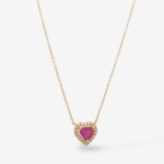 Cadena (45 cm) Fina Cable Ajustable c/ Rubi (0.75 Ct) Corte Corazon c/ Halo de Diamantes Pave - Oro Amarillo 18Kts