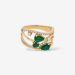 Anillo (12 mm) 4 lineas Ondas c/ Diamantes Pave (0.35 Ct)  & 3 Esmeraldas Gotas (0.86 Ct) - Oro Amarillo 14Kts