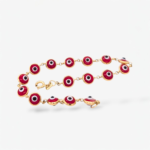 Brazalete (18 cm) c/ 16 Ojos Turcos Rojo (6 mm) c/ Cierre Spring - Oro Amarillo 18Kts
