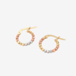 Zarcillos (13 mm) Argollas Pequenas c/ Esferas Diamantadas (2 mm) - Oro Tres Tonos 18Kts