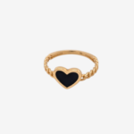 Anillo (2.36 mm) Aro Tejido Cuban Link Solido c/ Corazon Onix (10 x 8 mm)  - Oro Amarillo 18Kts
