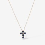 Cadena (45 cm) Fina Cable c/ Cruz de Gotas de Zafiros Azules & Centro de Diamante Natural (1.33 Ct)  - Oro Amarillo 14Kts