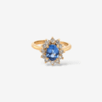 Anillo (1 Ct) de Compromiso c/ Zafiro Azul Oval & Halo de Diamantes (0.43 Ct) - Oro Amarillo 18Kts