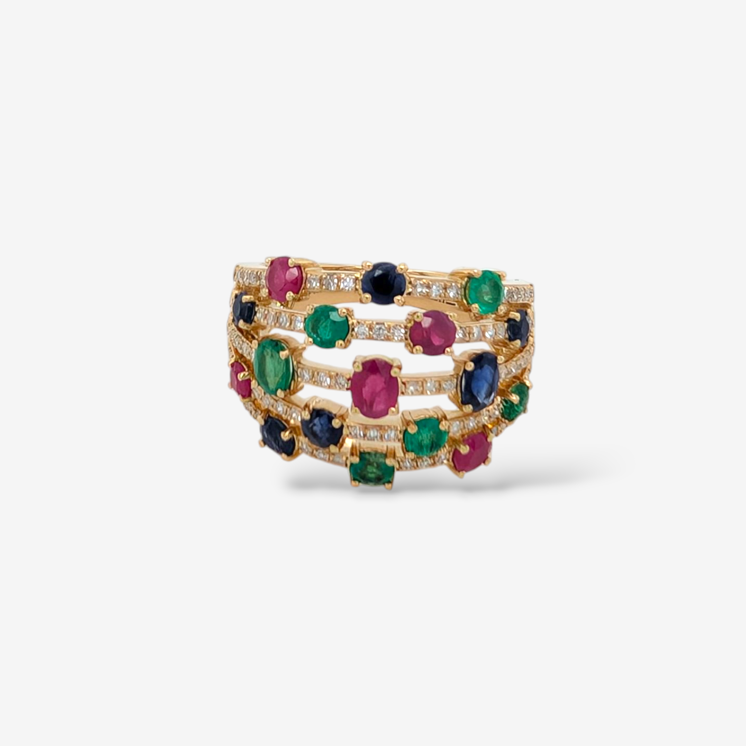 PXL_20251103_192848181-9.png Anillo (15 mm) 5 Lineas c/ Diamantes Pave (0.31 Ct) Esmeraldas, Rubies & Zafiros Azules (2.24 Ct) - Oro Amarillo 14Kts - Image 1