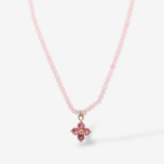 Collar (42 cm) Cuarzo Rosado Fascetados c/ Dije Trebol Turmalina Rosada c/ Cierre Spring - Oro Amarillo 14Kts