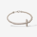 Brazalete (#17) Esferas Lisas (4 mm) Cruz c/ Diamantes Pave (0.05 Ct) & Cierre Lobster - Plata