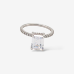 Anillo (6 x 8 mm) Compromiso Zircon Central Rectangular c/ Aro Diamantes Pave Naturales - Oro Blanco 14Kts