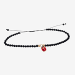 Brazalete Hilo Negro c/ Esferas Negras & Ladybug c/ 4 Esferas (3 mm) - Oro Amarillo 14Kts
