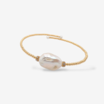 Brazalete (16 cm) Abierto Flexible c/ Esferas (2mm) Diamantes Naturales, Perla Barroca Central & Terminales Perlas Redondas - Oro Amarillo 18Kts