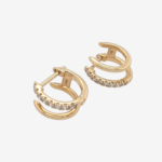 Zarcillos (12.5 mm) Huggies Dobles Lisos c/ Diamantes Naturales Pavé (0.23 Ct) - Oro Amarillo 14Kts