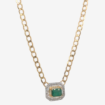 Cadena (45 cm) Tejido US Link Light c/ Esmeralda Rectangular (1.09 Ct) & Halo Baguettes & Pavé Diamantes Naturales - Oro Amarillo 18Kts - Image 3