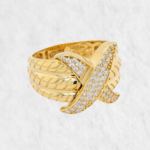 Anillo Lineas Acanaladas c/ X en Zircones - Oro Amarillo 18Kts