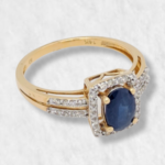 Anillo Compromiso c/ Zafiro Azul & Halo de Diamantes - Oro Amarillo 14Kts