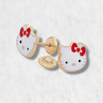 Zarcillos (8 x 8 mm) Hello Kitty c/ Esmalte (Screwback/Abridores) - Oro Amarillo 14Kts