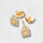 Zarcillos Post Candado c/ Diamantes Pave - Oro Amarillo 14Kts