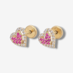 Zarcillos (6 x 6 mm) Corazones c/ Zircones Pave & Halo Rosa - Oro Amarillo 14Kts
