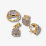 Set Anillo, Zarcillos & Dije Calcedonia Azul c/ Diamantes - Oro Amarillo 18Kts